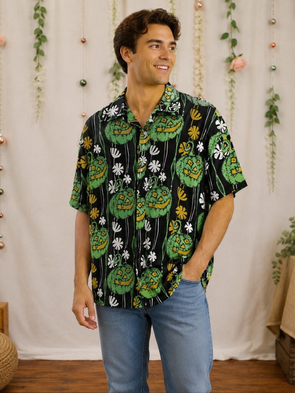 Men's Casual Button-Down Shirt - Black with Green & Yellow Floral Print